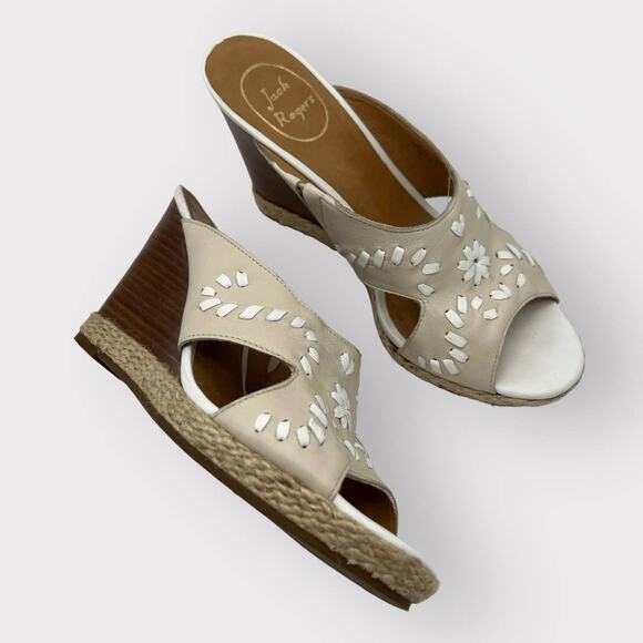 Jack Rodgers Sophia Bone White Wedge Sandals Size 7 Braided Rope Heel Leather - Picture 1 of 12
